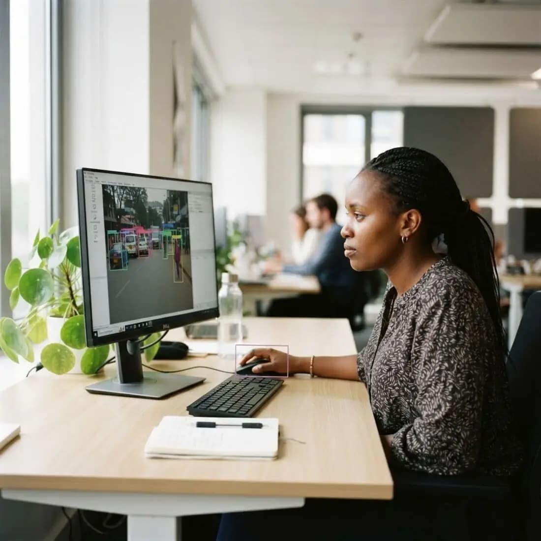 An annotator labelling images on a large monitor