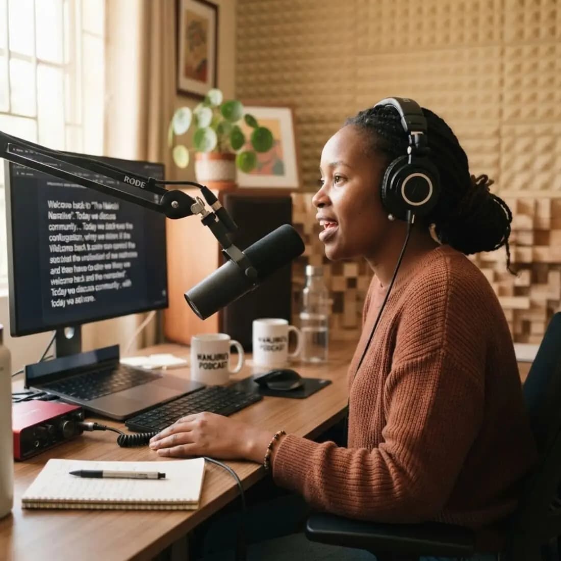A speaker recording audio in a quiet booth