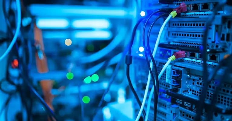 Network cables connected to a server rack