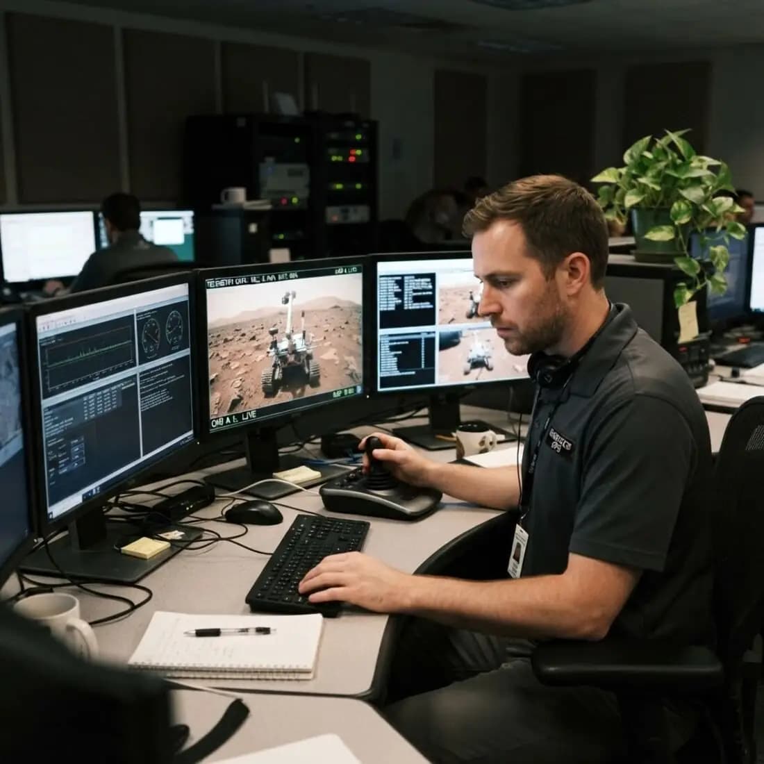 Remote operator at a console with robot camera feeds and telemetry