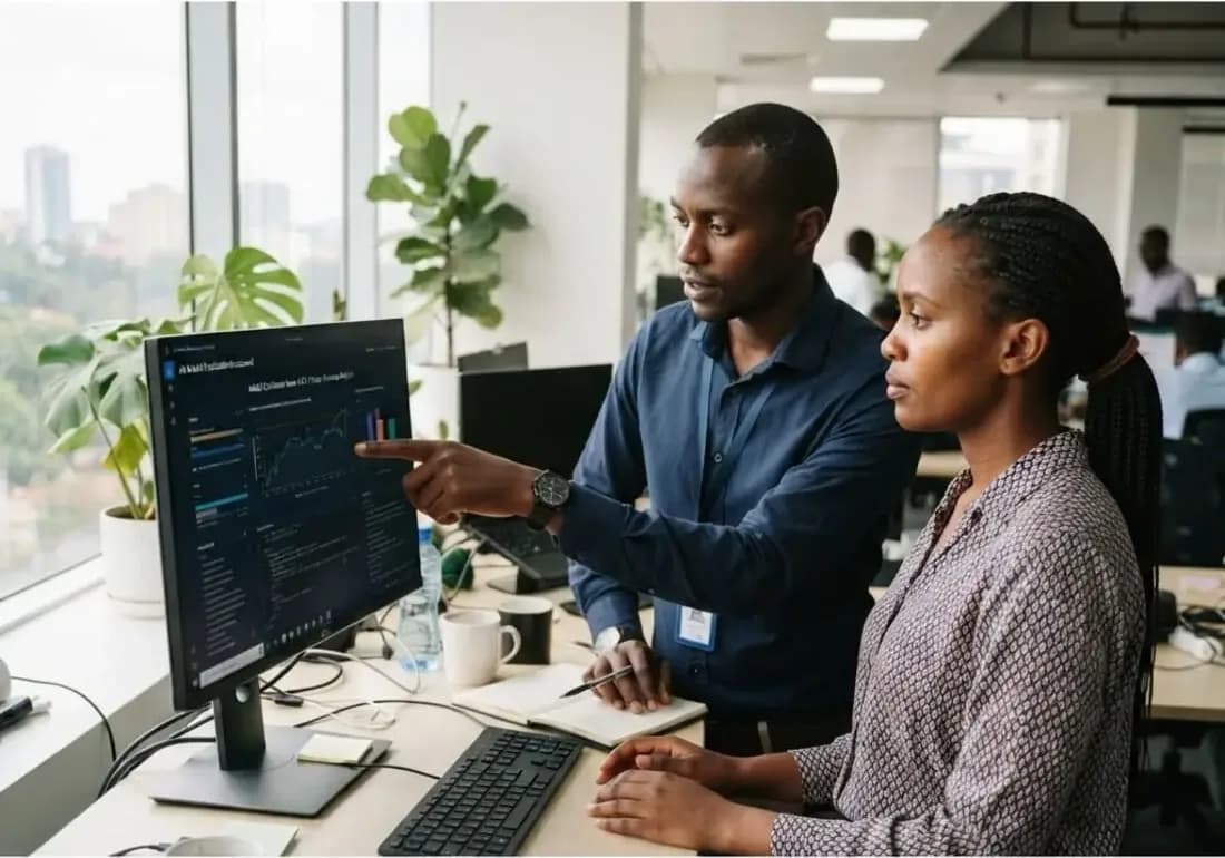 Two auditors reviewing AI model outputs for bias and safety issues