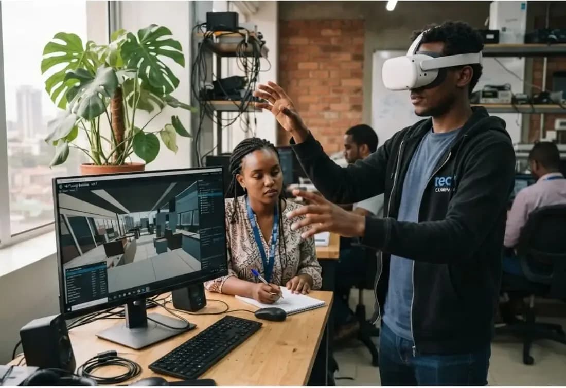 Tester wearing a VR headset while a colleague takes notes
