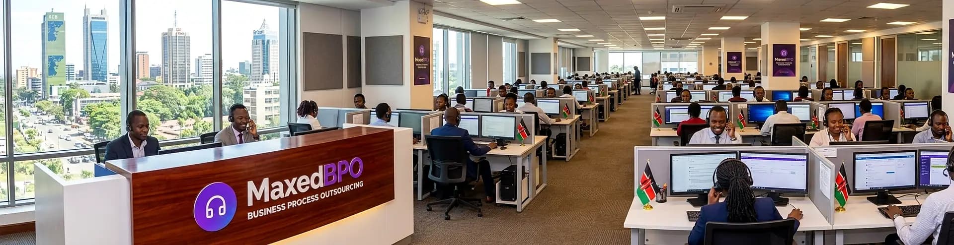 Maxed BPO reception and open-plan delivery floor overlooking Nairobi