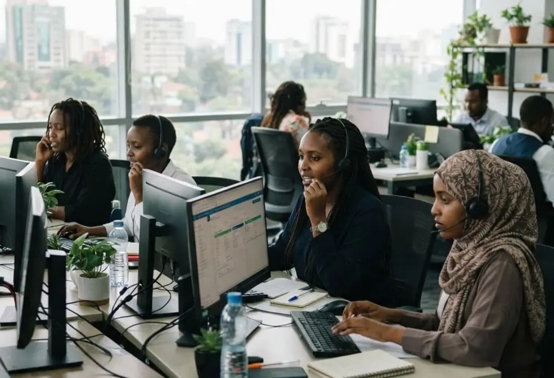 Maxed BPO agents with headsets taking calls on the delivery floor in Nairobi, the city skyline behind them