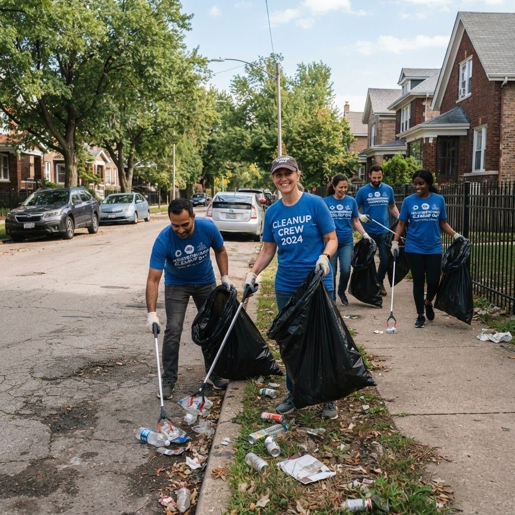 Maxed BPO employees wearing gloves and cleaning up litter along a neighbourhood street (placeholder stock photo).