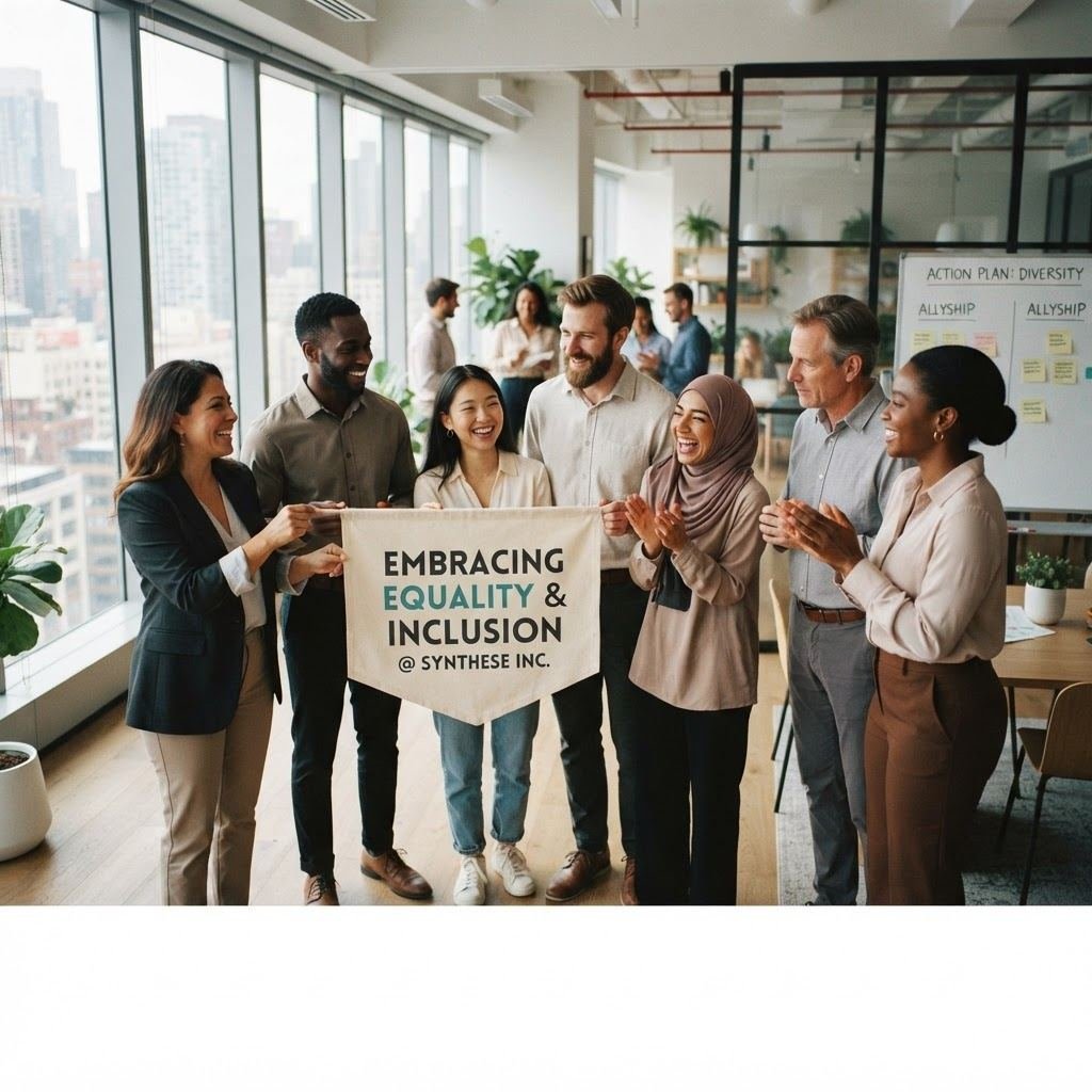 Diverse group of Maxed BPO men and women colleagues discussing workplace equality in a bright office (placeholder stock photo).