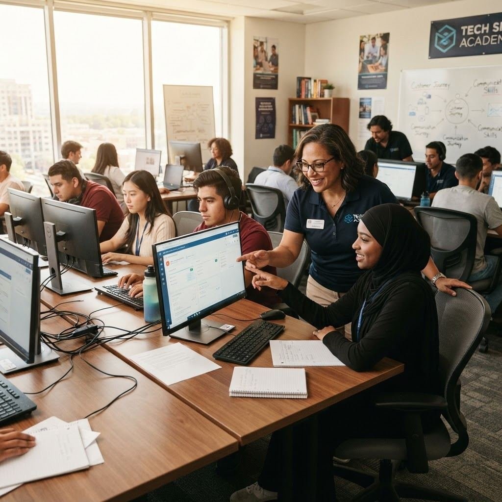 Young trainees learning digital and customer-service skills at computers in a bright Maxed BPO classroom (placeholder stock photo).
