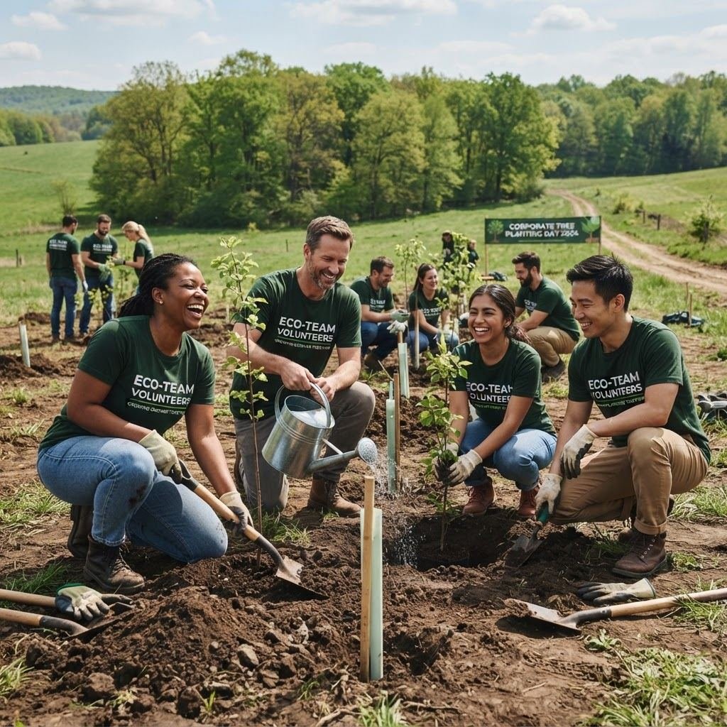 Maxed BPO employees planting young tree saplings together outdoors on a sunny day (placeholder stock photo).