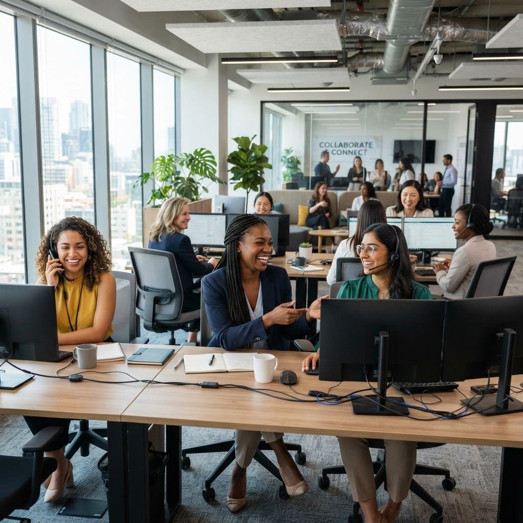 Confident group of professional women working with headsets in a bright Maxed BPO office (placeholder stock photo).