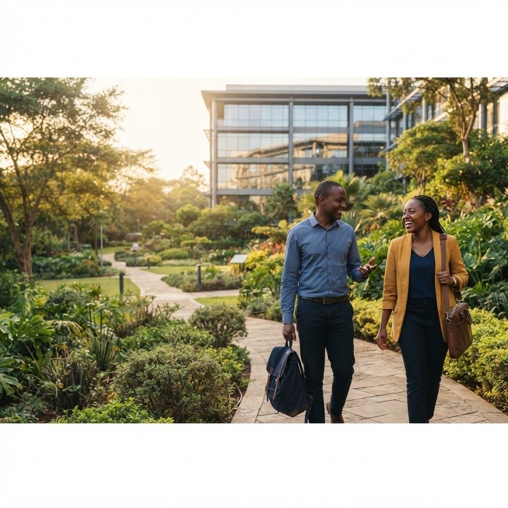 A Black Kenyan woman and a colleague walking along a landscaped path in front of a modern multi-storey office building surrounded by green trees and nature