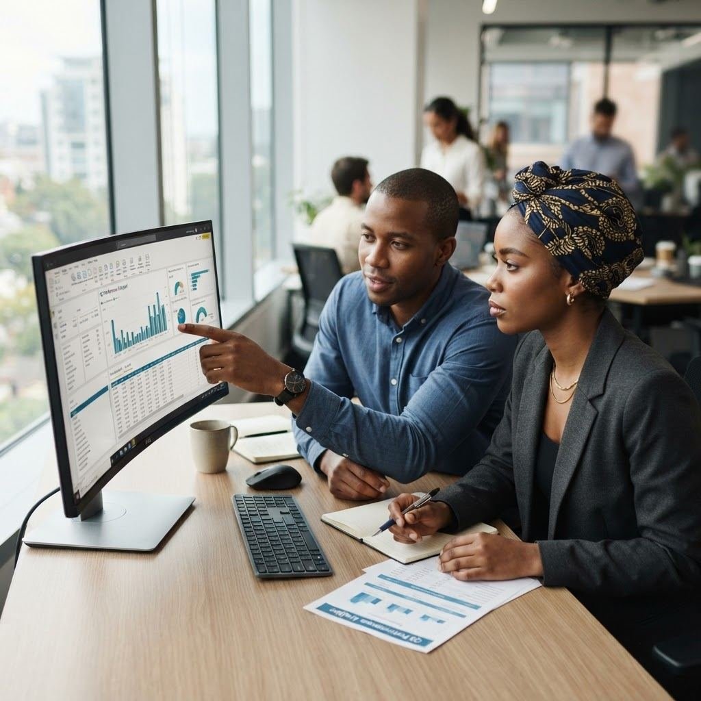 Two professionals reviewing documents and data on a large monitor at an office desk