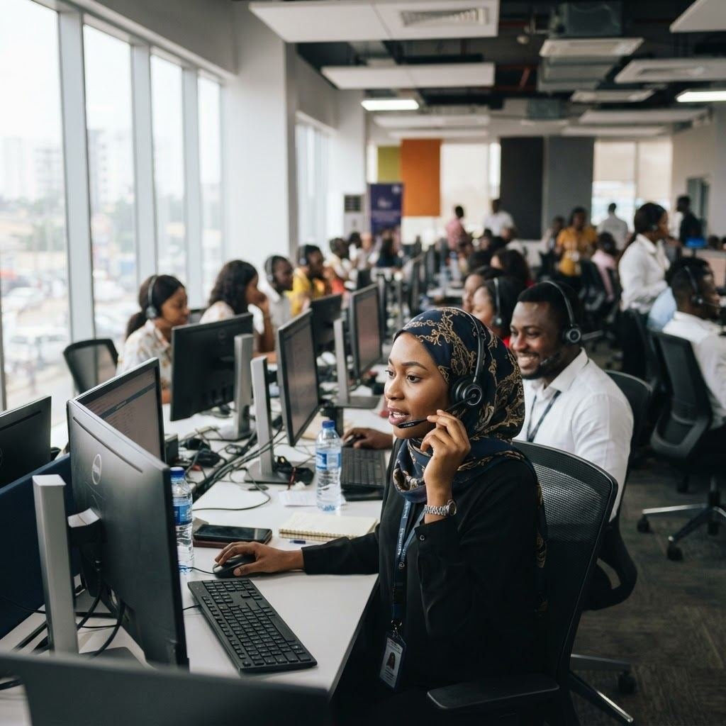 A busy modern call center floor with agents wearing headsets at their workstations