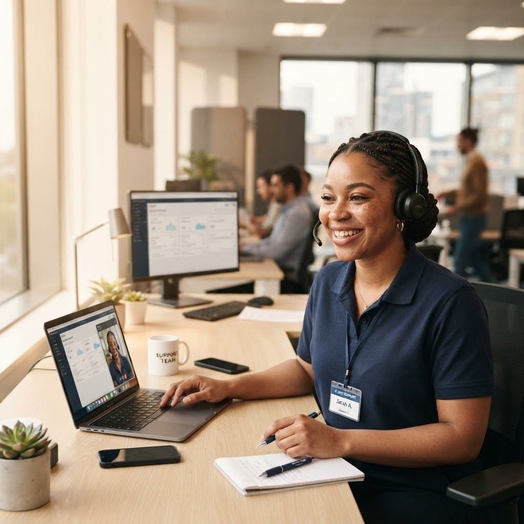 A smiling customer service agent wearing a headset at a modern office desk