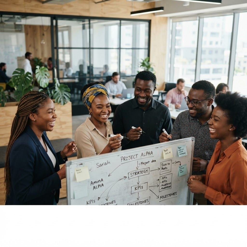 A close-knit team collaborating around a whiteboard in a bright modern office