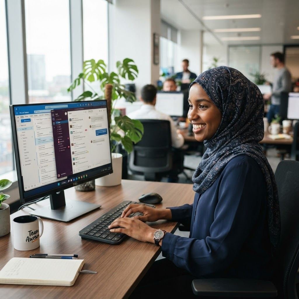 An agent smiling while responding to live chats and emails on a computer