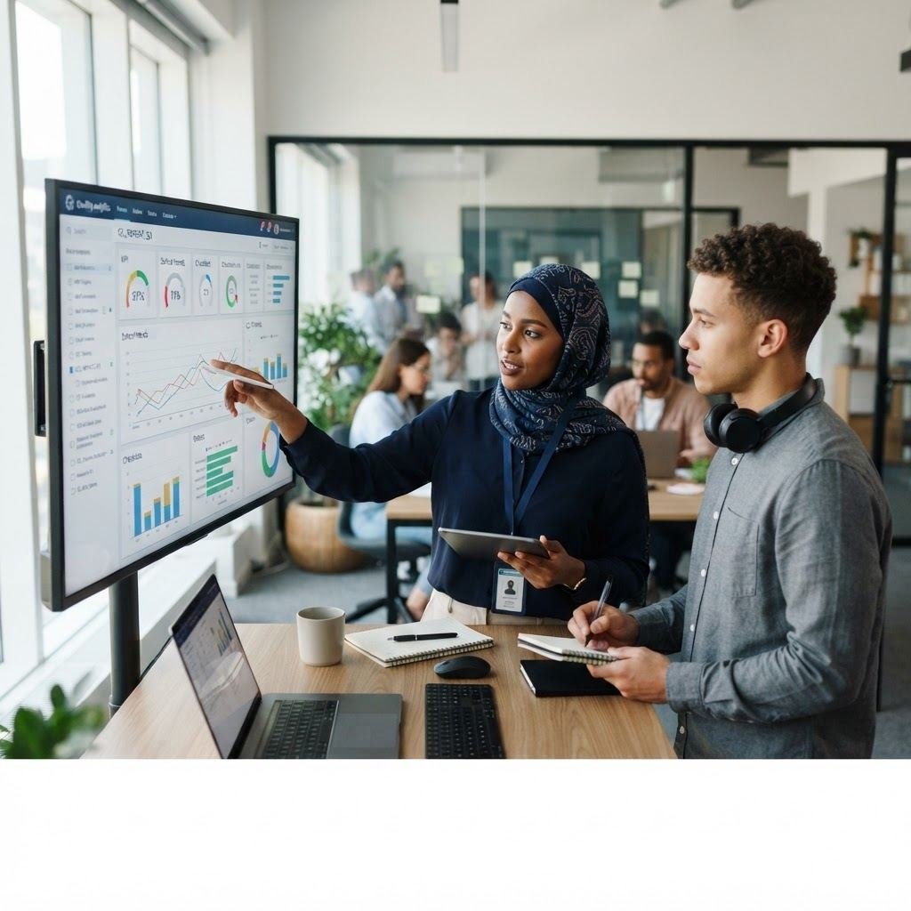 A quality analyst reviewing performance metrics and checklists on a large monitor
