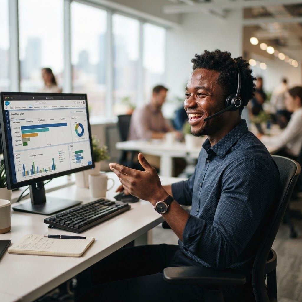 An enthusiastic sales agent wearing a headset speaking on a call at a modern desk