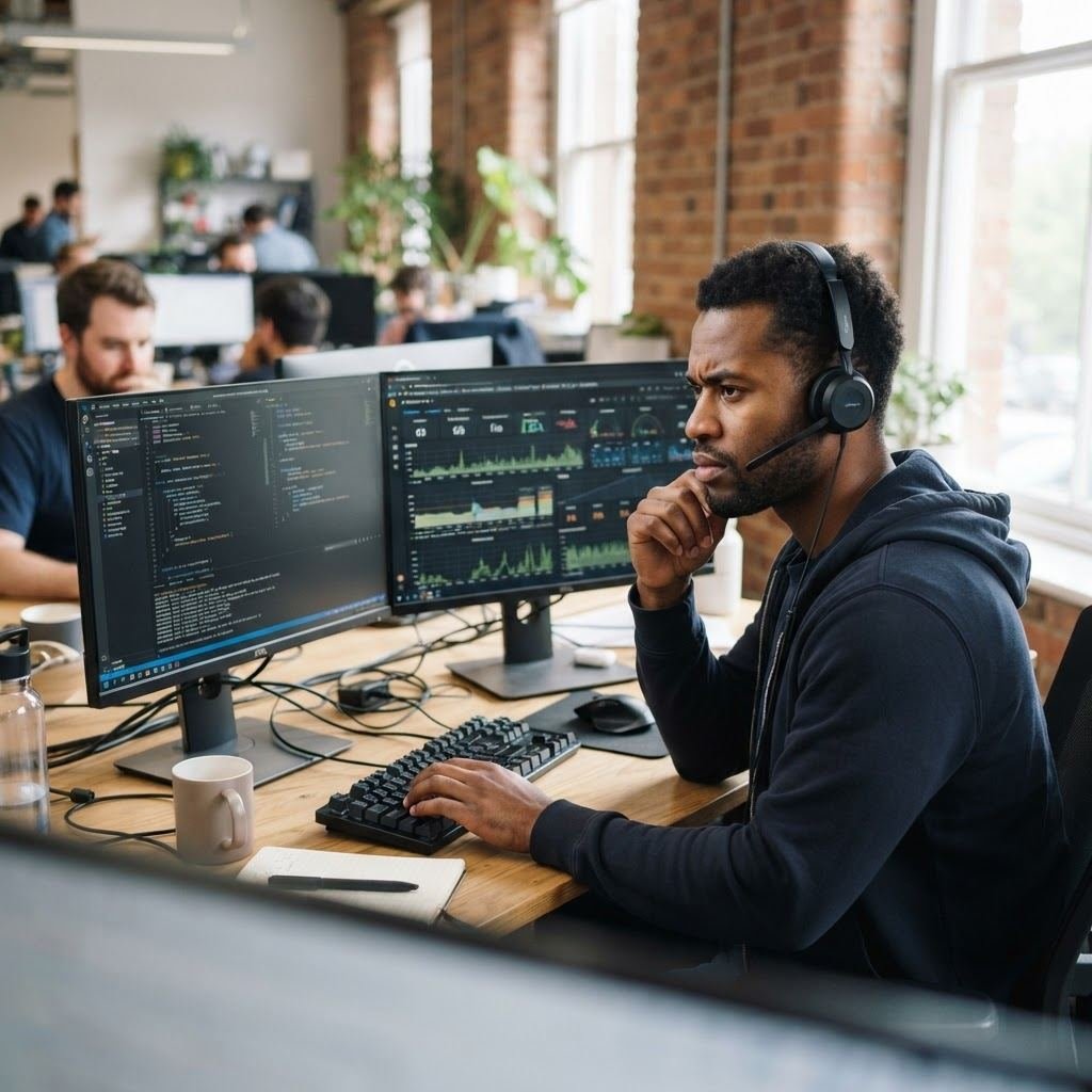 A support engineer wearing a headset working at a desk with dual monitors