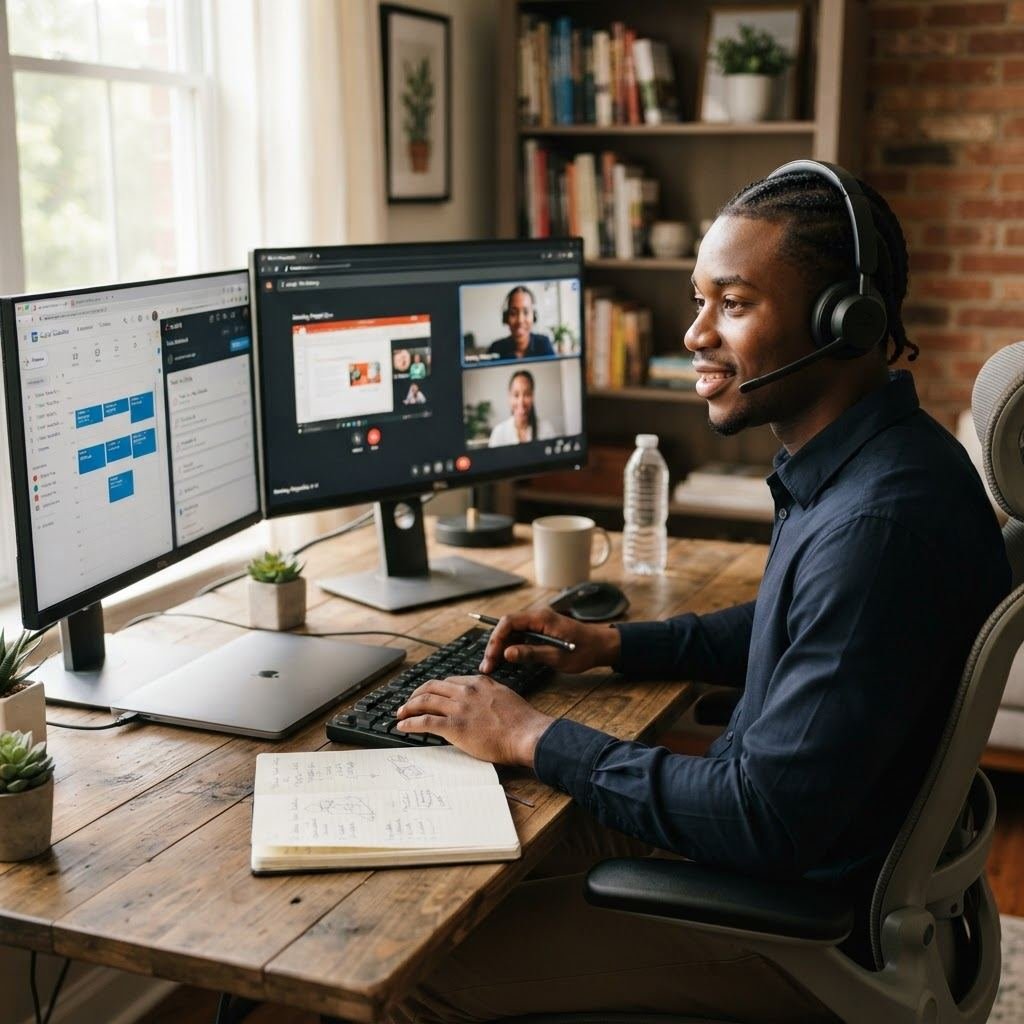 A virtual assistant working on a laptop and organizing a calendar on a second screen